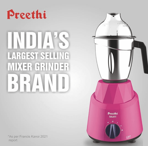 Preethi Galaxy MG225 Mixer Grinder, 750 watt, Pink, 3 Jars, Vega W5 Motor with 5yr Warranty & Lifelong Free Service |Plastic - Image 4